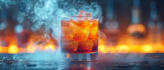   A glass holding a drink with smoke intensely rising above it - obrazy, fototapety, plakaty