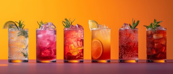   A row of tall glasses, each holding a distinct drink and adorned with appropriate garnishes