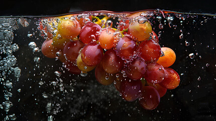 A bunch of ripe grapes, with water droplets, falling into a deep black water tank - obrazy, fototapety, plakaty