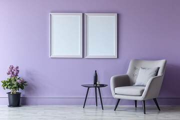 Blank frames with grey armchair near lilac wall