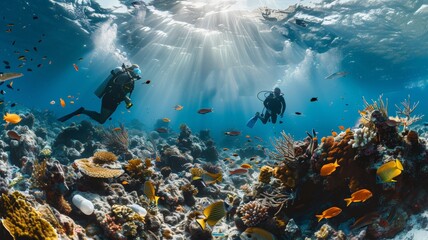 Fototapeta na wymiar Divers collect trash around coral and fish life under the sea world ocean day world environment day Virtual image
