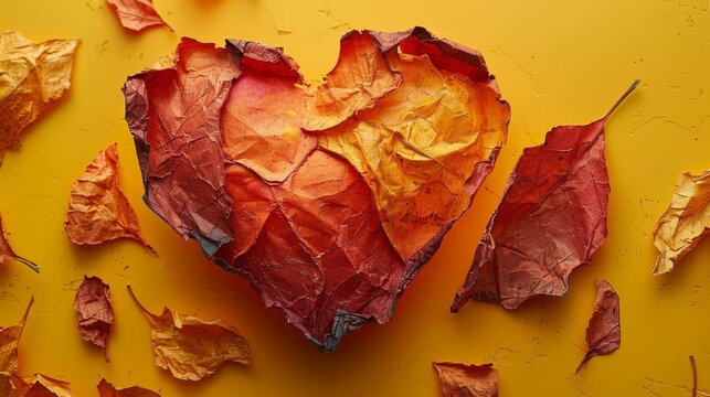   A heart-shaped sheet of paper lies on a yellow background among fallen leaves