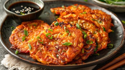 Potato pancakes with sesame seeds and green onions on a plate - obrazy, fototapety, plakaty