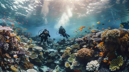 Fototapeta na wymiar Divers collect trash around coral and fish life under the sea world ocean day world environment day Virtual image
