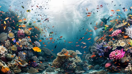 Divers photograph corals and fish, marine life..world ocean day world environment day Virtual image. - obrazy, fototapety, plakaty