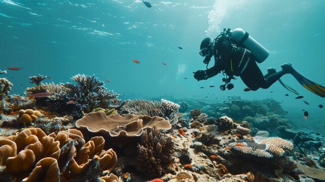 Divers photograph corals and fish, marine life..world ocean day world environment day Virtual image.