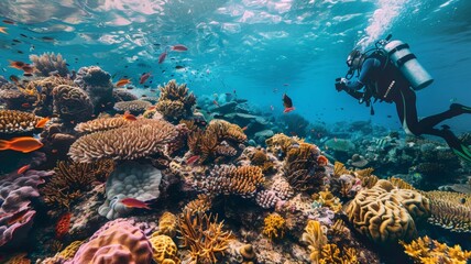 Naklejka na ściany i meble Divers photograph corals and fish, marine life..world ocean day world environment day Virtual image.