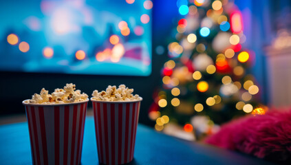 Cinematic photo of two red striped paper buckets with popcorn on the cinema seats in front of a big screen and colorful Christmas tree