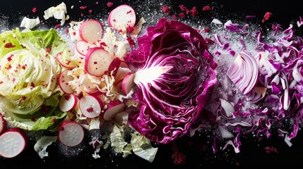   Chopped cabbage and radishes on a cutting board sprinkled with salt - obrazy, fototapety, plakaty