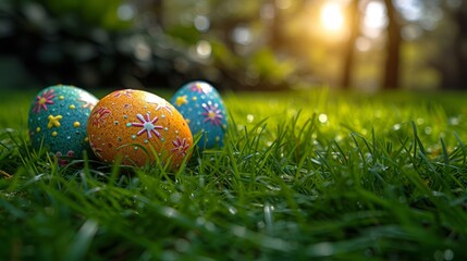 Fototapeta na wymiar Three decorated eggs on the grass beneath sun-kissed trees