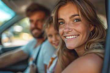 Smiling man driving a car with a woman sitting beside him, enjoying a summer journey	

