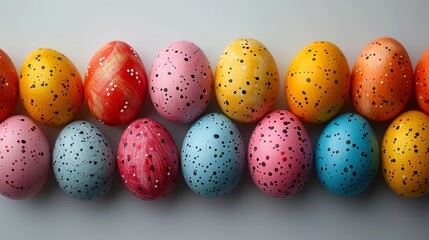   A line of painted eggs aligned on a white, porous surface, each bearing a central hole