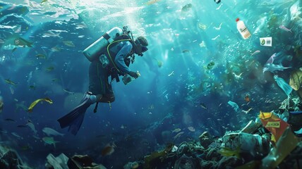 Naklejka na ściany i meble Divers collect trash around coral and fish life under the sea world ocean day world environment day Virtual image