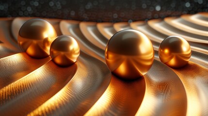   A collection of glistening spheres positioned atop a metallic surface featuring golden concentric patterns against a dark backdrop - obrazy, fototapety, plakaty