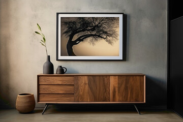 Texture and wood elements in modern living space with cabinet, dresser, and empty poster frame on...