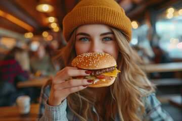 Woman enjoying fast food Eating sandwiches and hamburgers	

