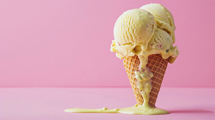 Waffle cone with delicious melting ice-cream on pink background with copyspace.