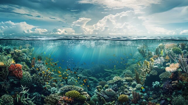 Marine ecosystems protect the marine food chain and ensure the sustainability of biodiversity.world ocean day world environment day Virtual image.