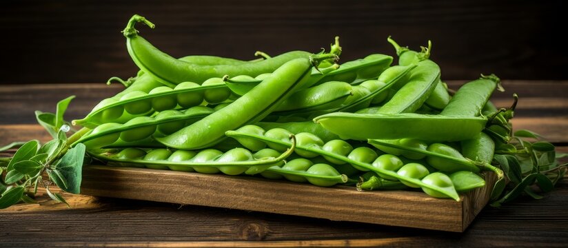 Wooden tray containing a bountiful harvest of vibrant green peas, showcasing their delightful color and texture
