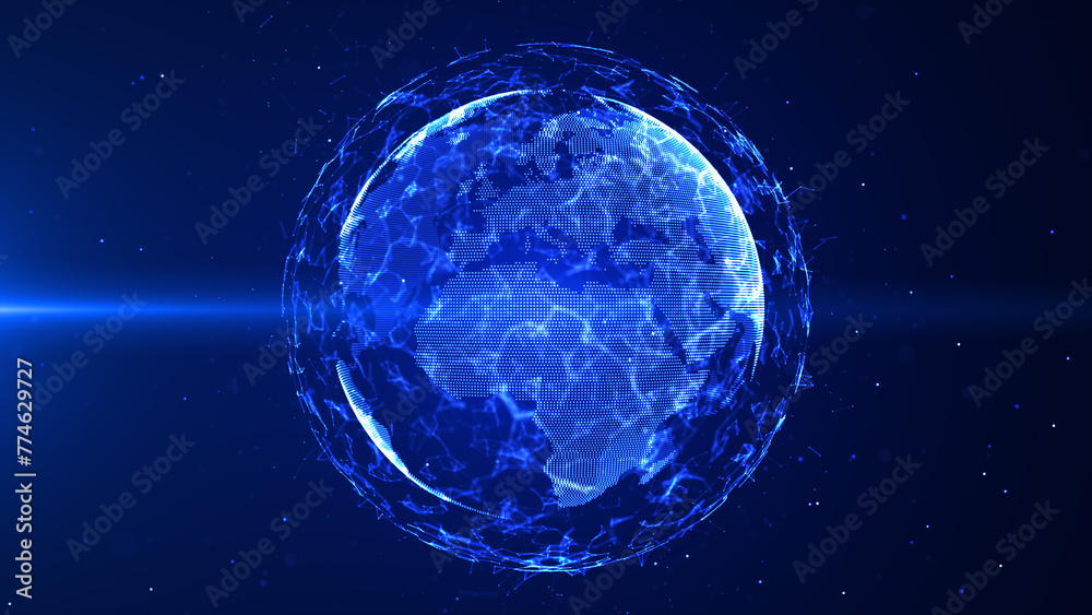 Poster Global network connection digital earth rotating. Dot and line with polygon, Blue color and dark background. 3D rendering