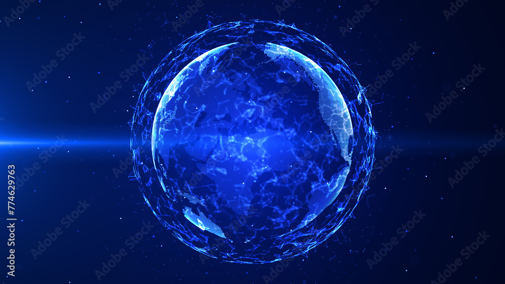 Fototapete global network connection digital earth rotating. dot and line with polygon, blue color and dark bac