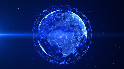 Global network connection digital earth rotating. Dot and line with polygon, Blue color and dark background. 3D rendering