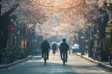 Image of people riding bicycles on a Korean city street during spring flower season in Seoul.
