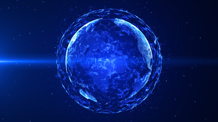 Global network connection digital earth rotating. Dot and line with polygon, Blue color and dark background. 3D rendering
