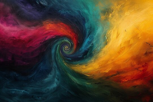   A vibrant swirl of hues in the heart of a red, yellow, blue, and green abstract painting
