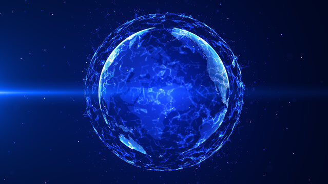 Global network connection digital earth rotating. Dot and line with polygon, Blue color and dark background. 3D rendering - Powered by Adobe