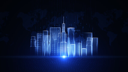 Smart city cybersecurity digital data network protection, Technology network background concept. Dot and line with blue color and dark background. 3D rendering.