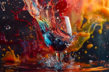   A red wine glass tips, spilling its contents into the water The surface of the water momentarily disturbs, forming a small ripple