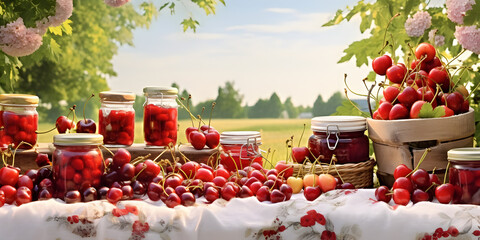 A jar of cherry jam sits on a table with a basket of cherries in the background.
 - Powered by Adobe