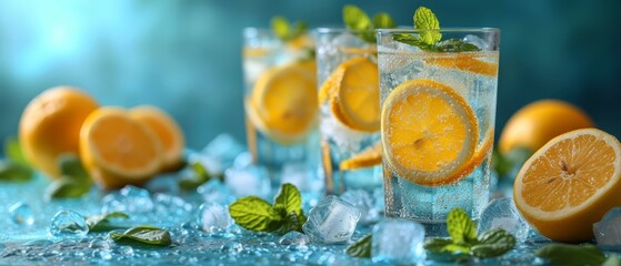   A tight shot of a glass filled with water, garnished with sliced lemons and fresh mint leaves resting on ice