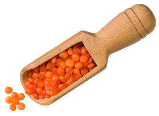 Raw red lentils in the wooden scoop, isolated on white background, top view. - 774630164