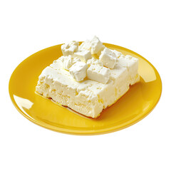 Feta cheese on a yellow plate isolated on transparent background