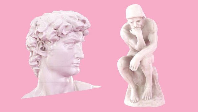 3d glitch of David head and Sculpture Thinker on pink background. Sculpture David and Sculpture Thinker 3D Glitch Animation. 3D animation. 4K. Ultra high definition. 3840x2160.