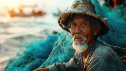 Aged Asian fisherman with fishing nets - obrazy, fototapety, plakaty