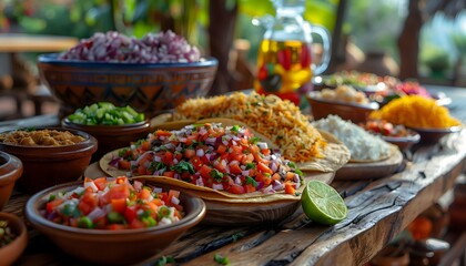 Dive into a Rustic Feast of Mexican Delights with Fresh Salsa, Rice, and Beans for a Memorable Cinco de Mayo
