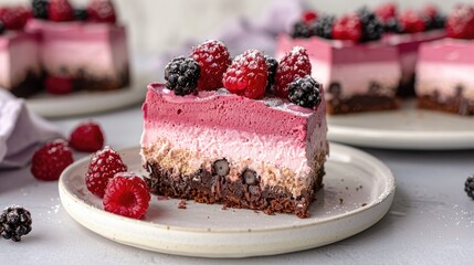 Pink berry mousse cake on a white plate