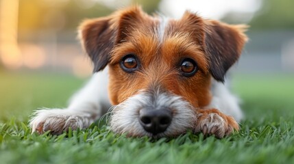   A small brown-and-white dog lies on a green grass field, its eyes wide and alert