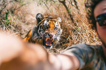A man takes a selfie while running from an angry tiger in the forest.