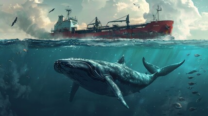 Ship noise pollution affects aquatic animals in the sea.world ocean day world environment day Virtual image. - obrazy, fototapety, plakaty