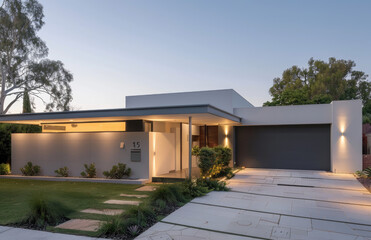 front view of modern simple home in shire grey and white with dark gray accents, front yard has grass and potted plants, with a large black garage door on the right side of house