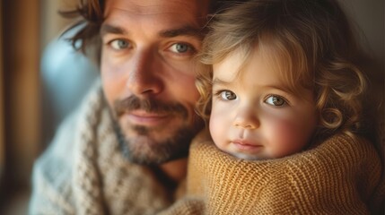   A man holds a little girl in a sweater, gazing seriously at the camera - obrazy, fototapety, plakaty