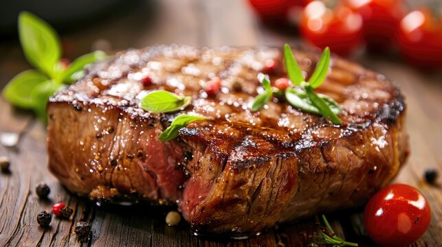 Grilled steak with herbs and spices. Close-up of gourmet food preparation.