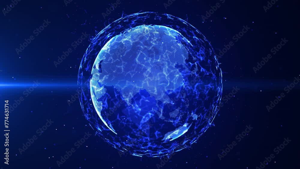 Poster global network connection digital earth rotating. dot and line with polygon, blue color and dark bac