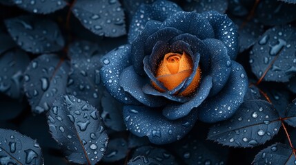   A blue rose, tightly framed in close-up, features droplets of water clinging to its petals A verdant leaf lies prominently in the foreground