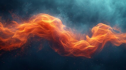   A vivid orange-red fire whirls against a deep blue backdrop, speckled with smoke bubbles and flecks of radiant light