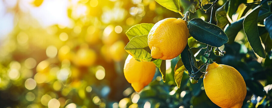 Yellow lemons on the lemon tree branches in a beautiful sunny day